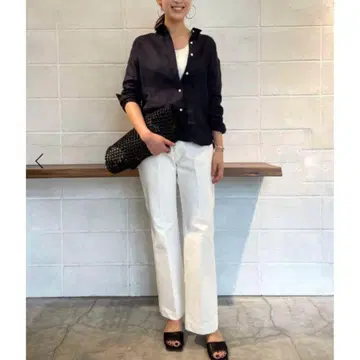 Plage 센터 프레스 데님 팬츠 세미 와이드 화이트 32