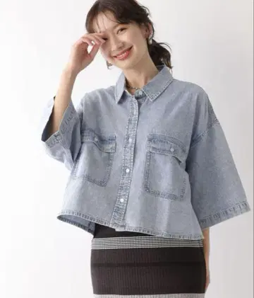 LEPSIM 모듬 데님 5부 소매 셔츠 케미컬 인디고