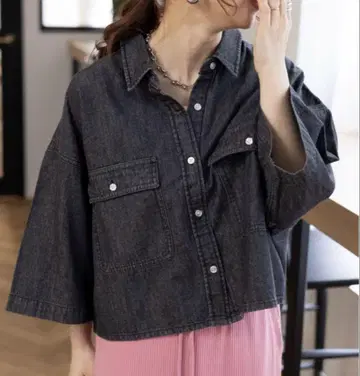 LEPSIM 모듬 데님 5부 소매 셔츠 블랙