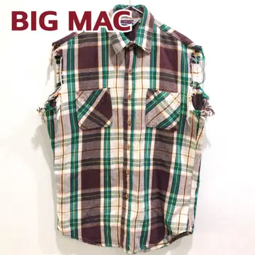 BIGMAC USA제 체크 무늬 크러쉬 슬리브리스 플란넬 셔츠