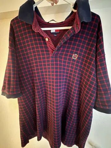 HILFIGER 네이비/레드 체크 피케 셔츠 XL