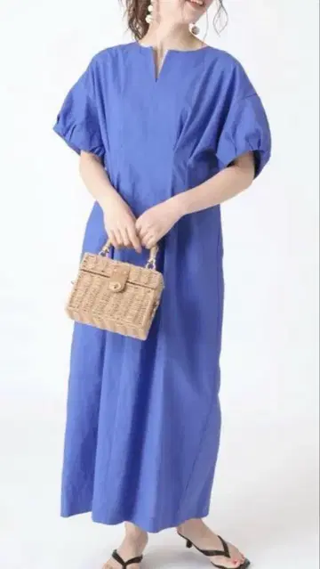 SIMPLICITE 심플리시떼 코튼 린넨 허리 턱 원피스 파랑