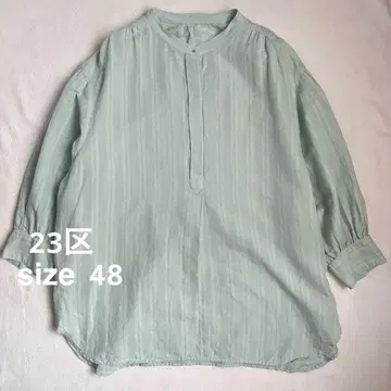 23구 세탁 가능한 카라미 스트라이프 헨리넥 블라우스 빅 사이즈 48