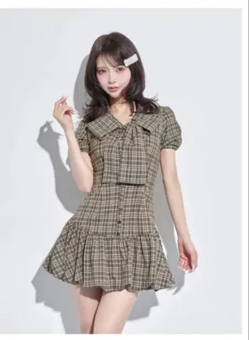 택 포함 새상품 다리치 빅 리본 벌룬 체크 미니 원피스 BEG
