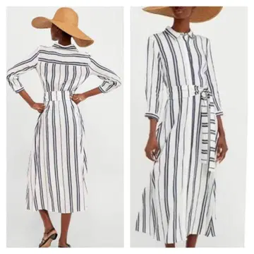 새상품급 ZARA 린넨 스트라이프 셔츠 원피스 벨트 겉옷 L 사이즈