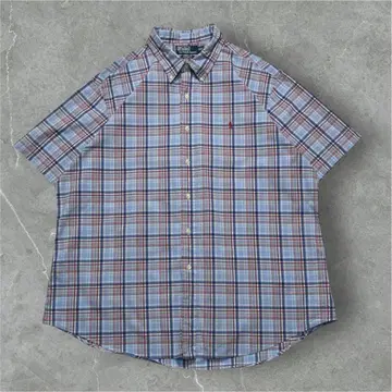 90년대 랄프 로렌 버튼다운 셔츠 2XL 스카이블루 체크 자수 6533
