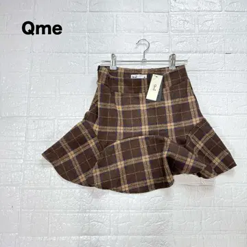 미사용 택 포함 Qme 니트 미니 플레어 스커트 체크 무늬 브라운