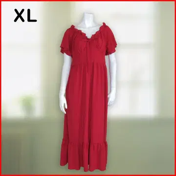 새상품급 XL 새빨간 A 라인 원피스 제등 소매 리본 스트레치 여름