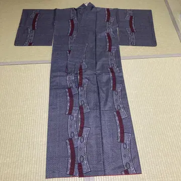오시마 명주 미사용 새상품 그레이 단자쿠 패턴? 거북이 무늬 기모노