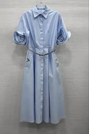 라이트 블루 셔츠 원피스 반팔 입체 플라워 40 L