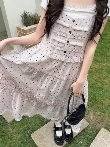 도트 무늬 프릴 슬리브리스 원피스 핑크 새상품