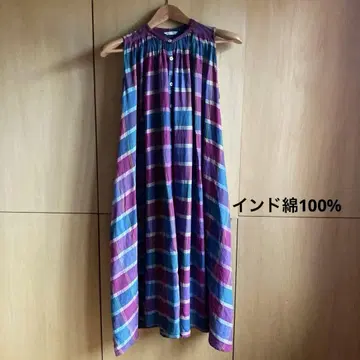 인도산 마드라스 체크 슬리브리스 개더 원피스 면100%