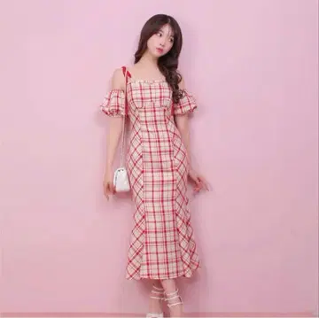 엠미에메 2WAY 체크 롱 머메이드 원피스 빨간색