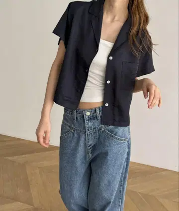 El mar  오픈 카라 셔츠 네이비 반팔 숏 기장 셔츠
