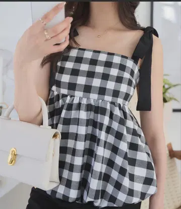 체크 무늬 벌룬 리본 뷔스티에 탑, 새상품급