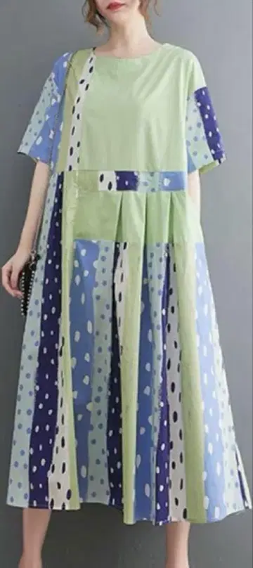 패치워크 디자인 스트라이프 반팔 롱 원피스