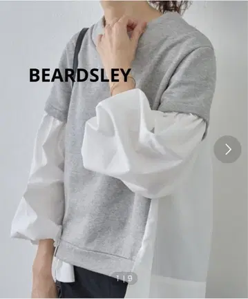 비어즐리 셔츠 콤비 티셔츠 이소재 믹스 볼륨 소매 그레이