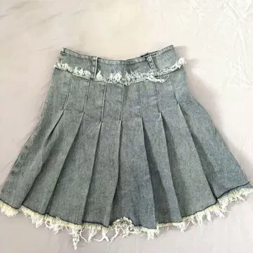 데님 블루 플리츠 스커트 프린지