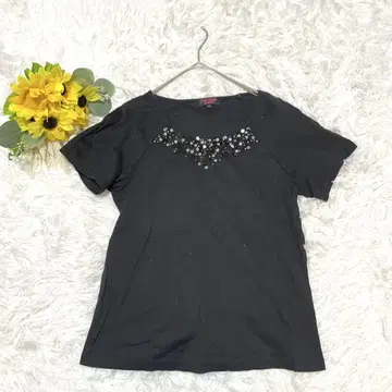 유키토리 비즈 장식 블랙 반팔 티셔츠 면 100
