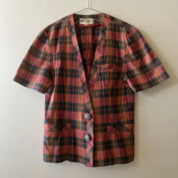 vintage 노카라 린넨 체크 자켓 80s 90s
