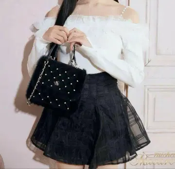 미셸 마카롱 체크 슬림 레그 플레어 스커트 블랙 쉬폰 시어 XS