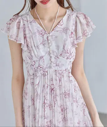 tocco closet 펄 장식 넥 리본 수채화 라인 플라워 플리츠 OP