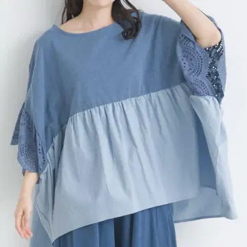 LUPILIEN 라이트 블루 레이스 소매 돌먼 티셔츠