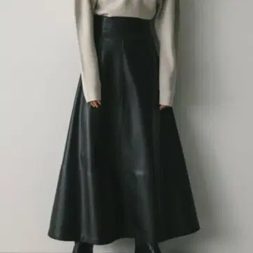 STYLEMIXER 인조 가죽 플레어 스커트 블랙 롱 스커트
