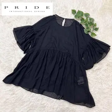 PRIDE 프라이드 * 시어 프릴 코튼 블라우스 반팔 블랙 루즈핏