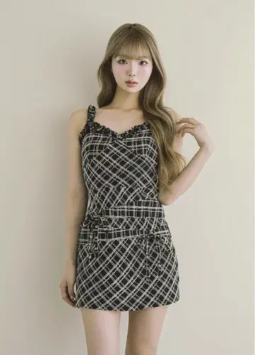 Darich 다리치 트위드 체크 리본 미니 원피스 BLK