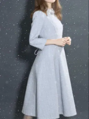 toccocloset 레이스 칼라 부착 백 레이스업 트위드 원피스