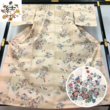 MK-1640 코몬 워셔블 기모노 꽃 무늬 크레이프 원단 토분색