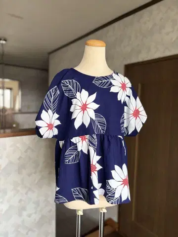 유카타 리메이크 네이비 나염 유카타 절개 개더 상의
