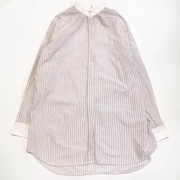 레 코튼 스트라이프 롱 셔츠 스탠드 칼라 프리사이즈