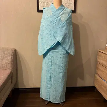 손바느질! 스카이블루 면 레이스 유카타