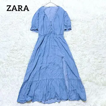 [자라] ZARA 롱 플레어 원피스 (L) 허리밴딩 버튼 프릴 밑단