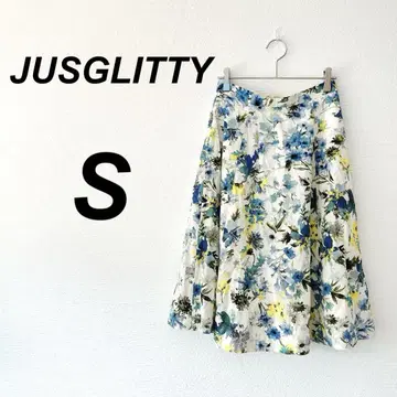 JUSGLITTY 플라워 프린트 플레어 스커트 S 청황백 페미닌