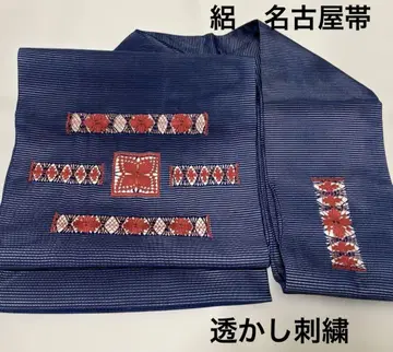 나고야 오비 명주 시스루 자수 네이비 컬러