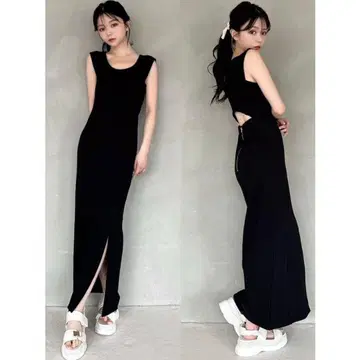 블랙 슬리브리스 롱 원피스