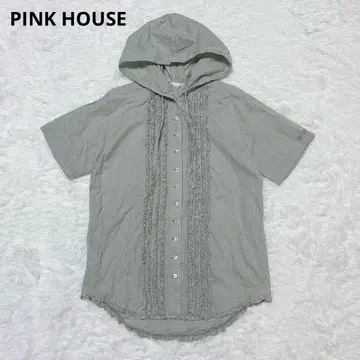 PINK HOUSE 블라우스 체크 반팔 후드 부착 면 귀여운 프릴