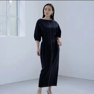 anuans 스티치 볼륨 슬리브 원피스 네이비 아뉴앙스 새상품급