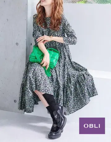OBLI 오블리 미디엄 티어드 원피스 꽃무늬 긴팔 셔츠 원피스