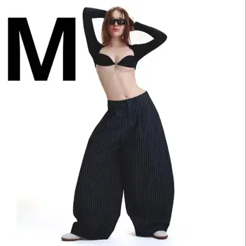 M 사이즈 PUSH PUSH 와이드 팬츠 블랙 스트라이프 데님