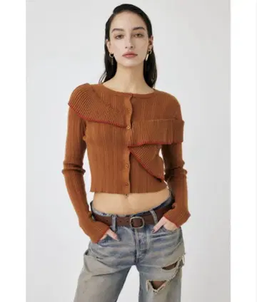 미사용 MOUSSY 마우지 니트 가디건 프릴 상의 브라운