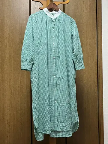 POU DOU DOU 그린 깅엄 체크 긴팔 셔츠 원피스