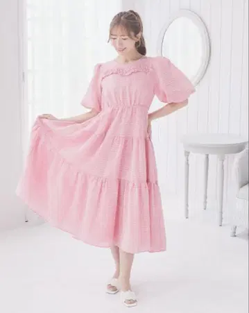 areeam 시어 슬리브 체크 원피스 라이트핑크