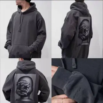 그레이 후드 부착 후드티 추상 디자인