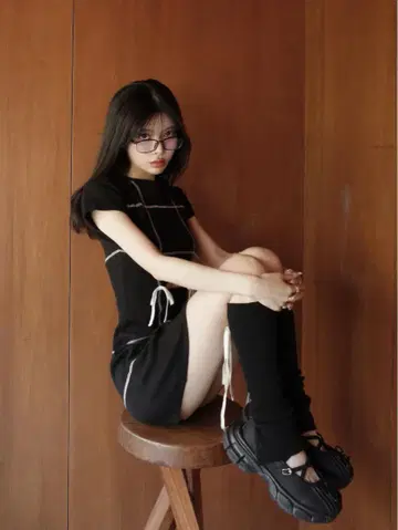 darich 다리치 스티치 리본 리브 미니 원피스
