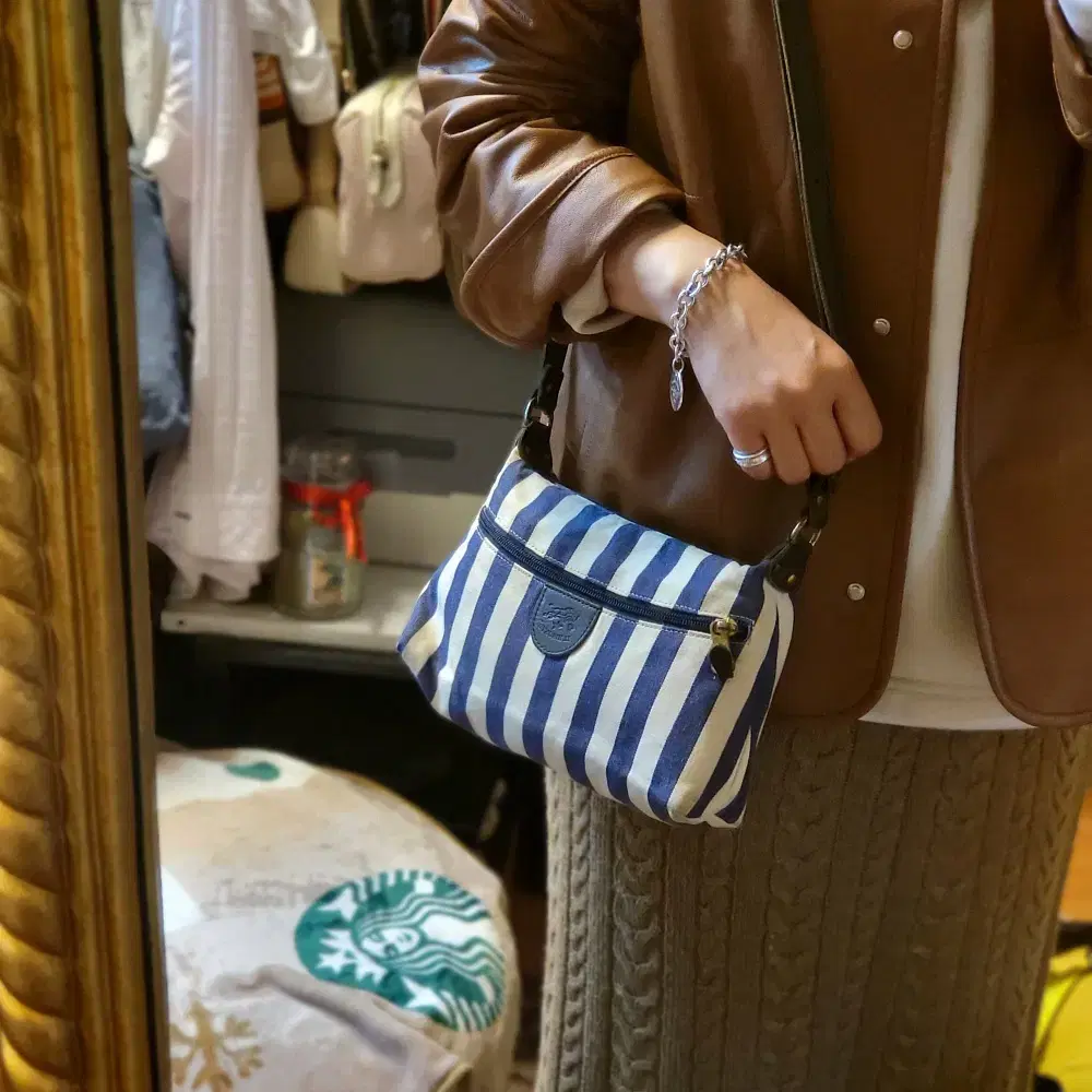 IL BISONTE Stripe Canvas Crossbody Messenger Bag B048 #가다컴퍼니