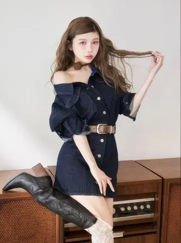 Darich 볼륨 데님 미니 원피스 인디고 Free-L
